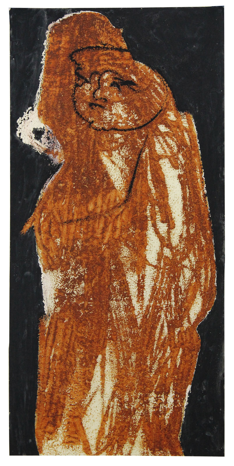 Monoprint of an abstracted figure covered in long, expressive, rust-colored strokes against a black background
