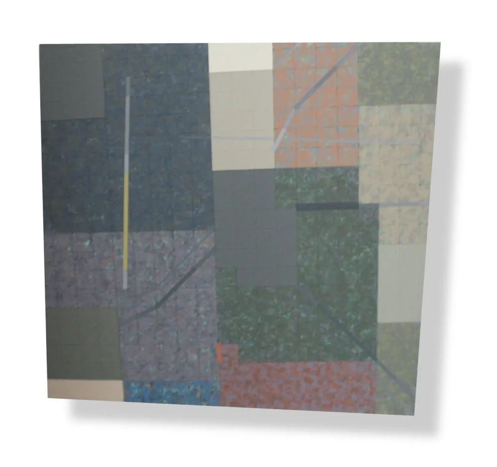 Four-sided shaped arcylic painting divided into rectangular parcels of muted yellows, greens, blues, and purples with a faint grid overlaid