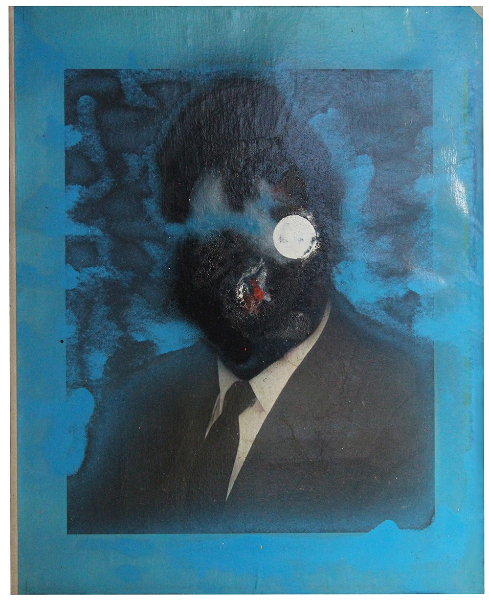 Painting of male bust portrait in suit and tie with face covered over in paint, gray and blue background
