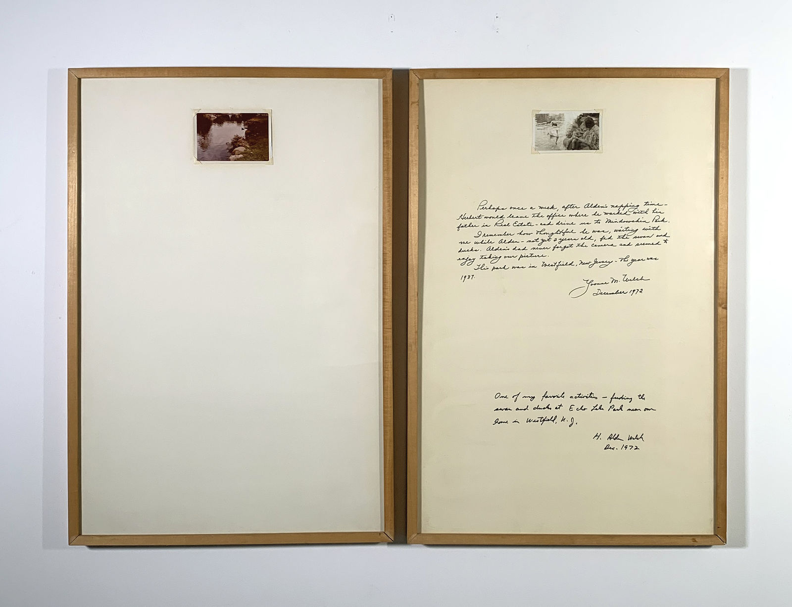 Two photographs and ink on museum board, both having small black and white photographs, one has writing surrounding it