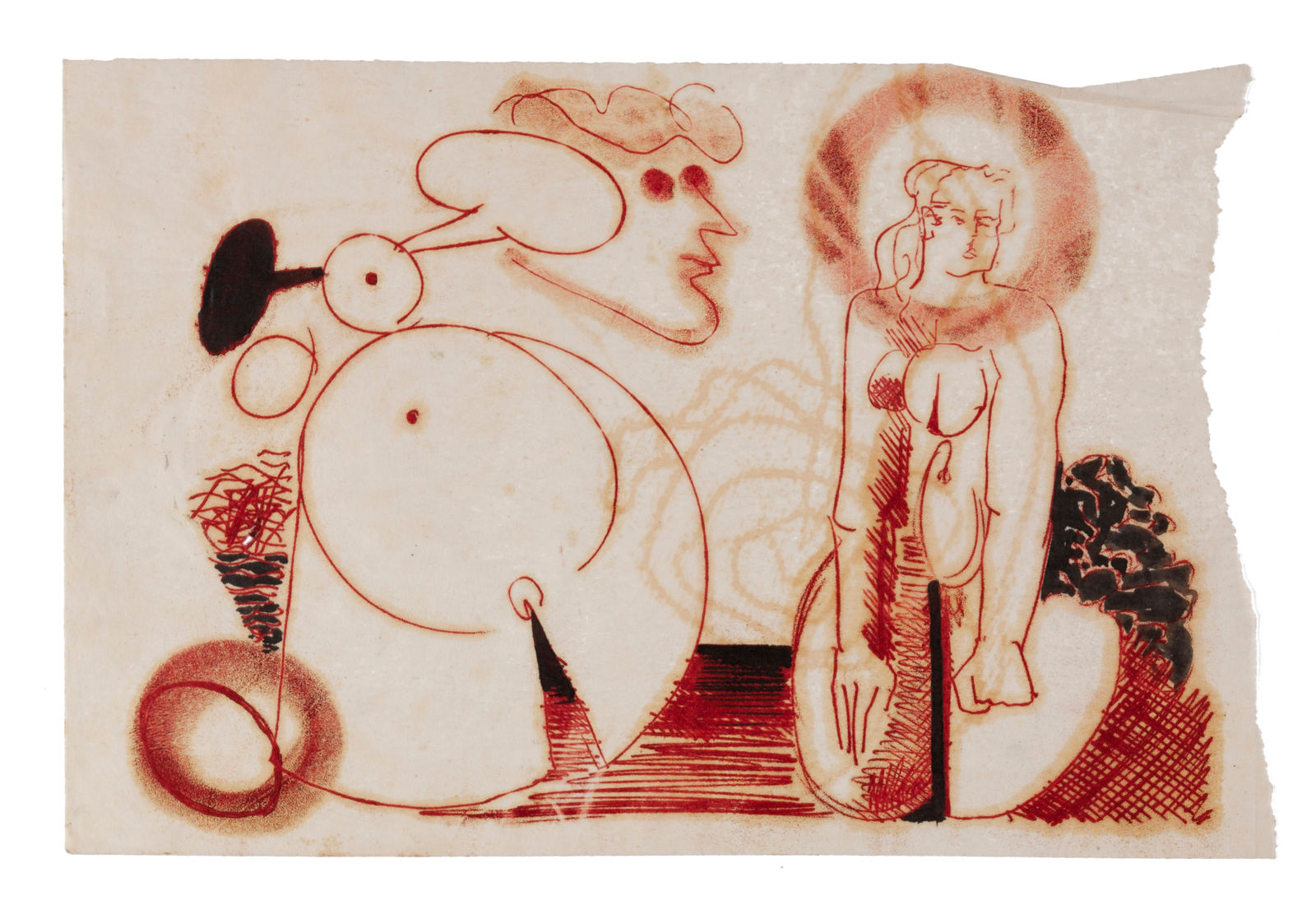 Monoprint in red and black depicting highly abstracted figures comprised of simple shapes and varying textures