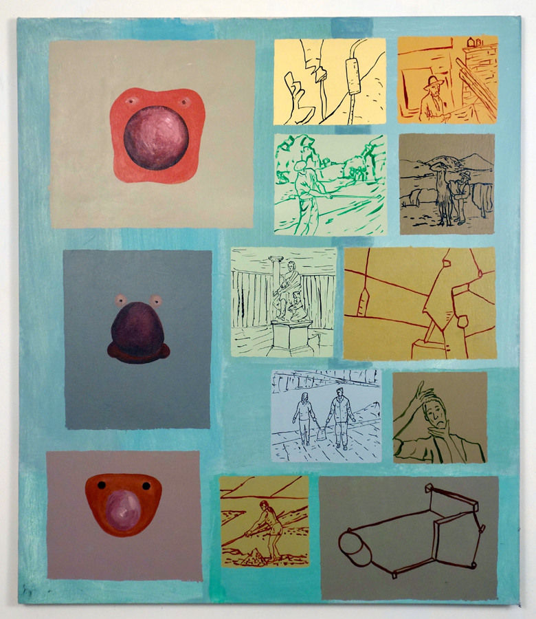 Painting of many colored squares featuring figurative scenes arranged in a grid