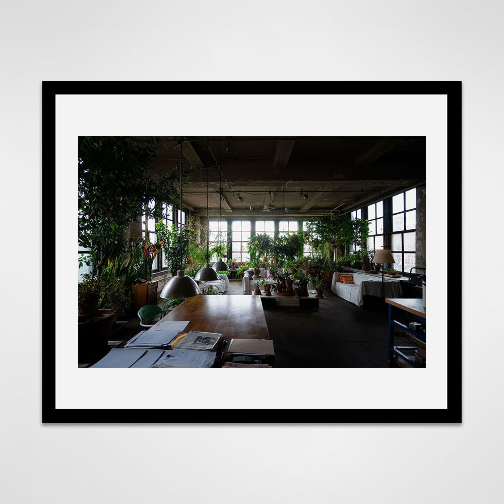 Black framed photograph of a dark loft setting is filled with houseplants and documents are visible on a table in the foreground