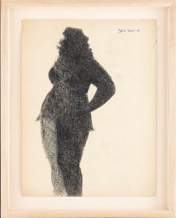 Framed charcoal drawing of a nude woman with a hand at the hip