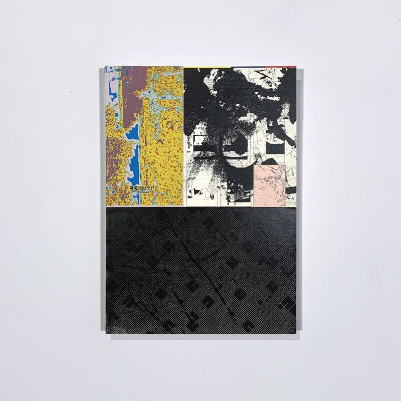 Work on paper and linen of a black horizontal rectangle, to the top left is a yellow vertical rectangle with red, blue, and pink shapes resembling a map, to the right is a white rectangle with black splatters across the shape and underneath resembles a globe map. A small pink square with black lines is within the white rectangle at the bottom