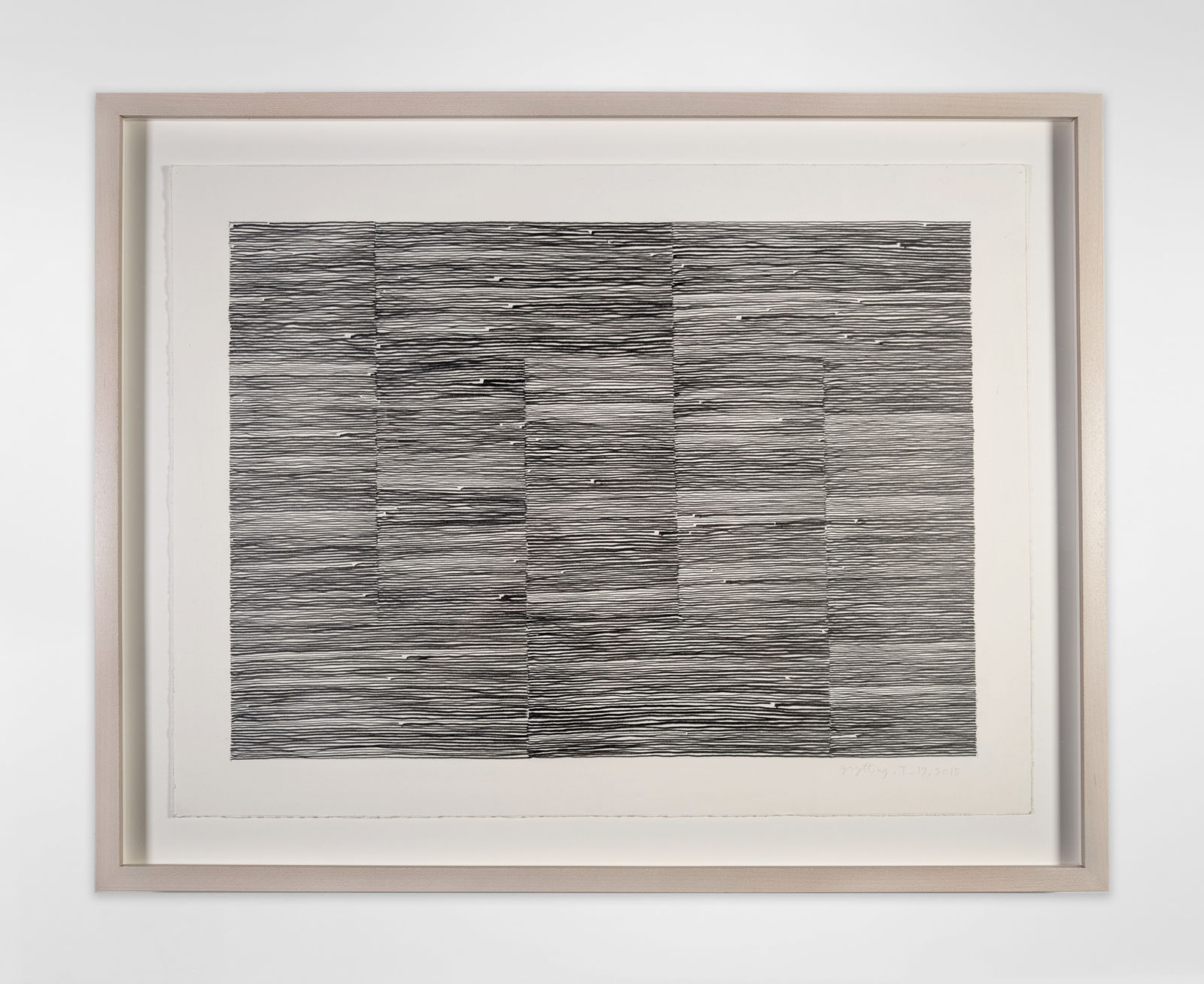 Minimalist graphite drawing on paper consisting of many lines in a grid-like structure
