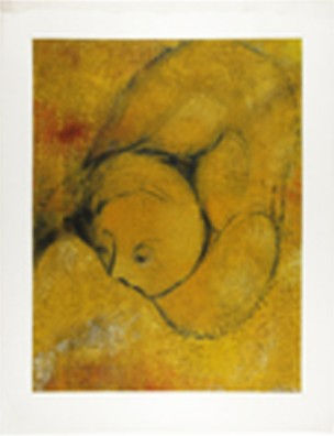 Figurative painting by Boris Lurie with warm yellow tones