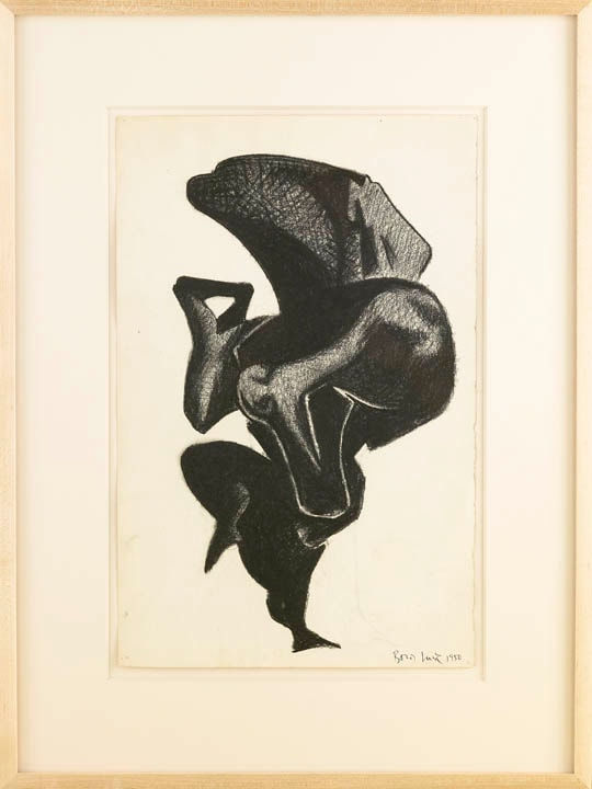 Framed graphite drawing of a monster-like silhouette looking like a distorted shadow