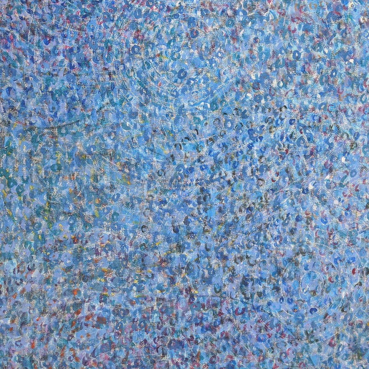 Detail of Acrylic and mixed media on canvas in an abstract expressionist mode of thousands of multicolored, primarily blue, small rings creating a sense of cosmic depth