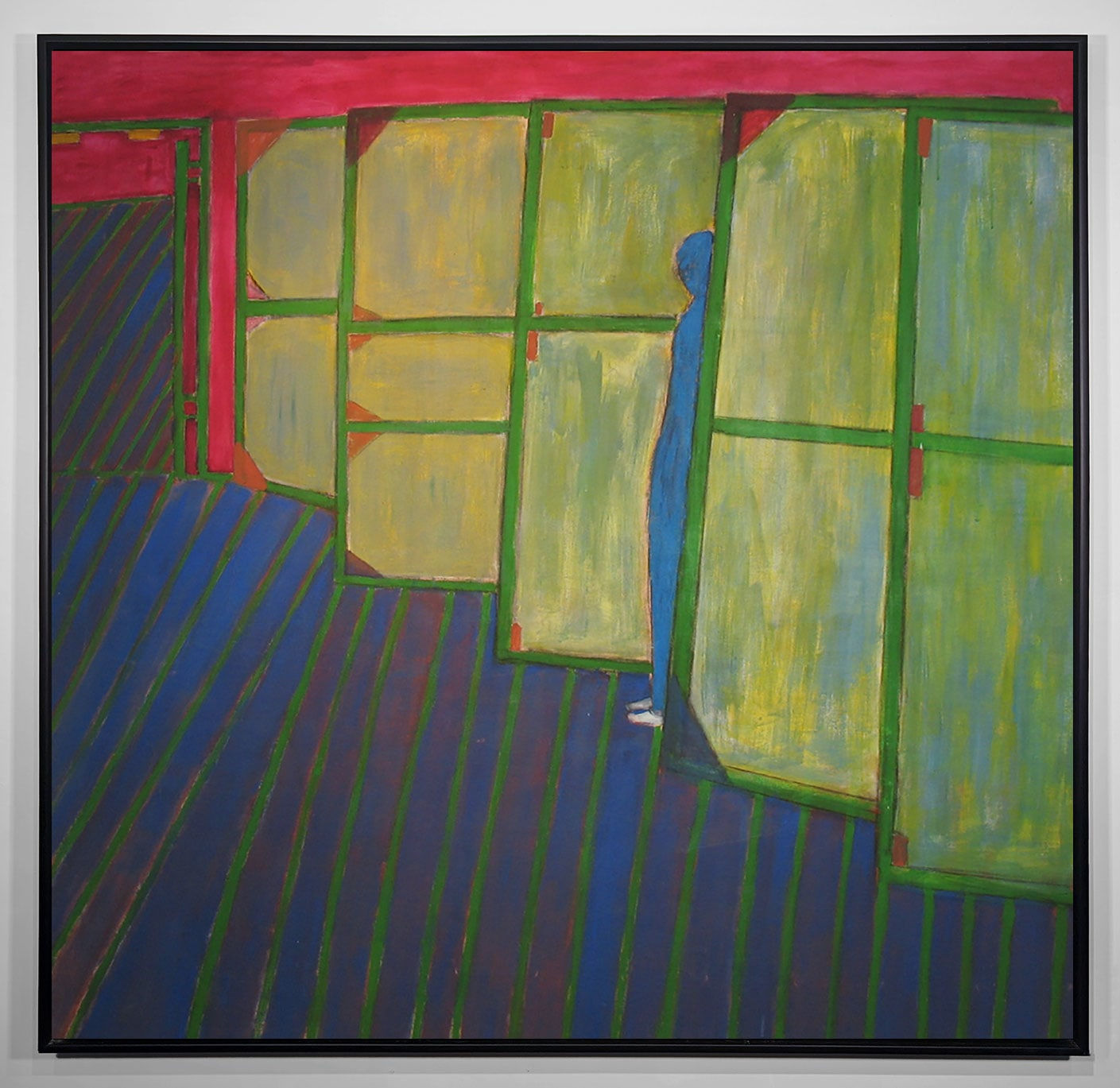 Acrylic and mixed media on canvas in an expressionist mode of a figure partially obscured by a row of green canvases in an interior setting
