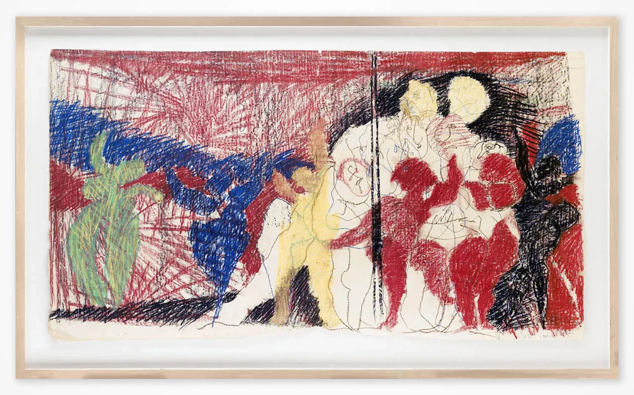 Framed pastel and oilstick on paper, loosely figurative image of a cabaret scene, red background, green & blue shadows