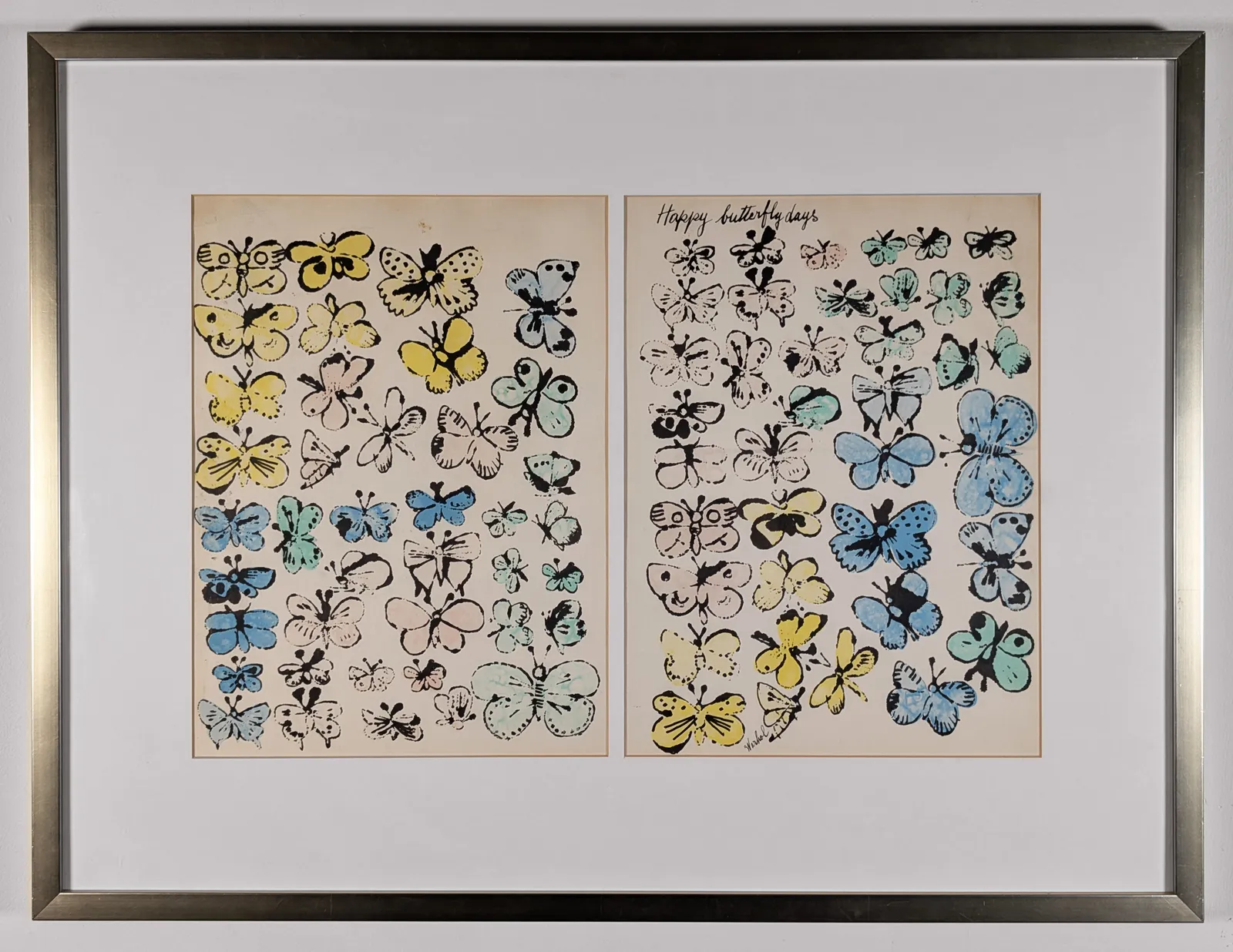 Framed screenprint of colorful butterflies on either side of a manila envelope