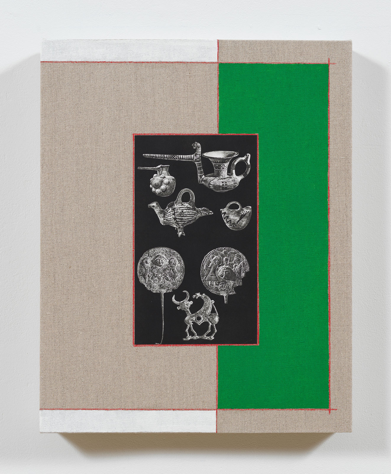 Untitled (from the series, Ancient Through Modern), 2020 Oil, color pencil, and book page on linen 20 x 16 in (50.8 x 40.6 cm)