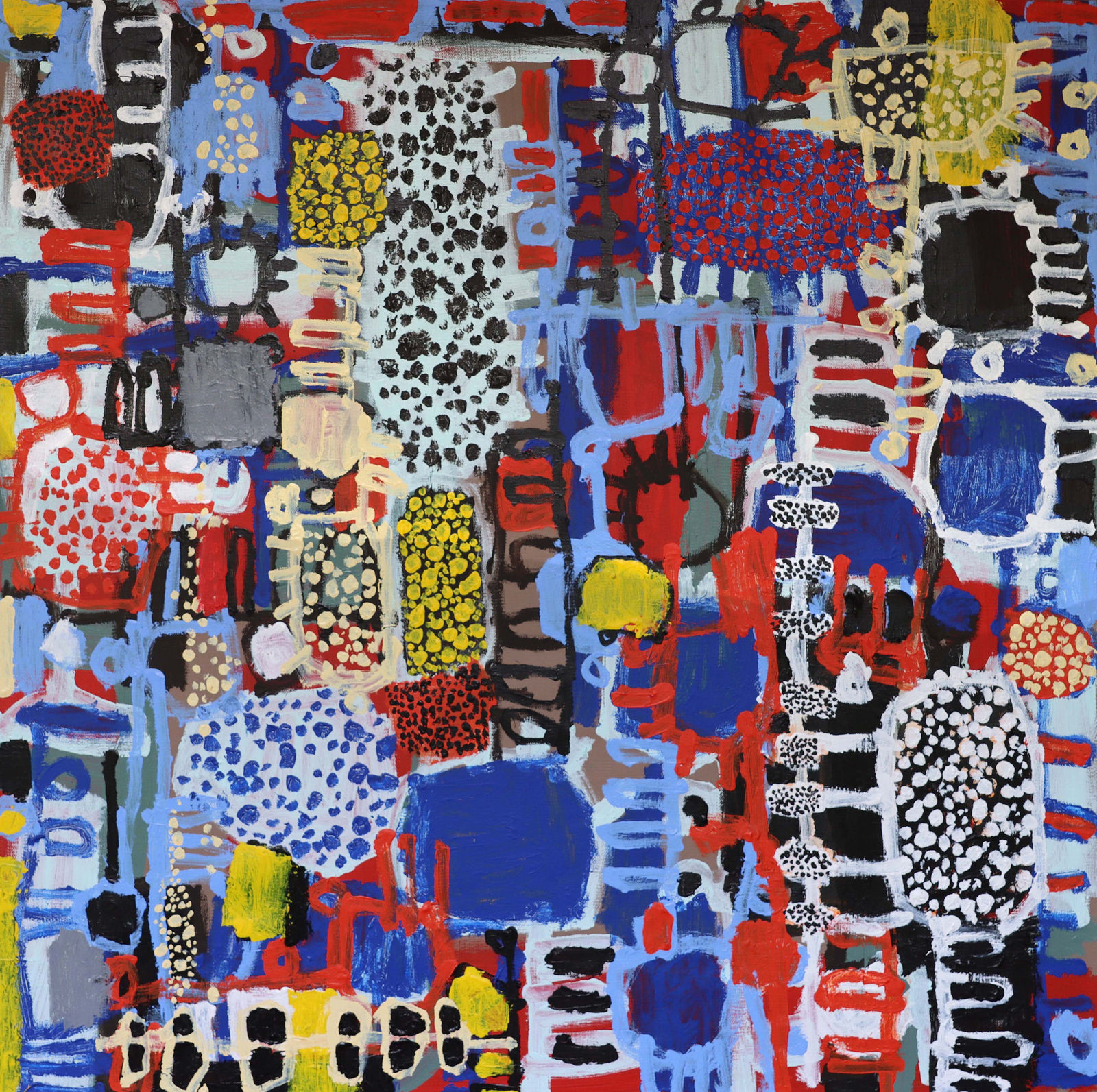 Naomi Hobson Honeyeaters flock to the masses of large red bottlebrush that line the river edge, acrylic on canvas, 100...