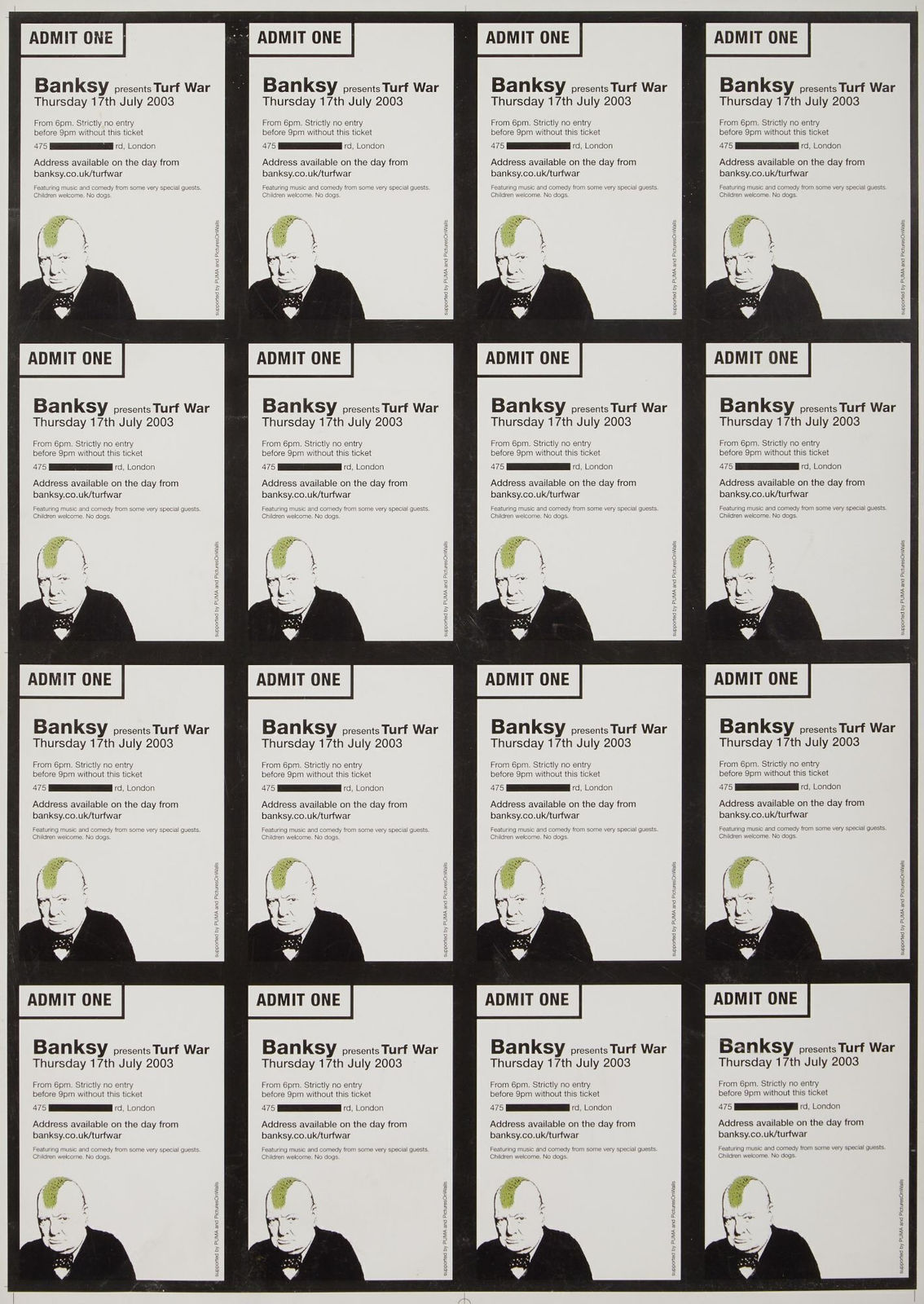 Banksy, Turf War Exhibition Uncut Sheet of Entry Vouchers, 2003