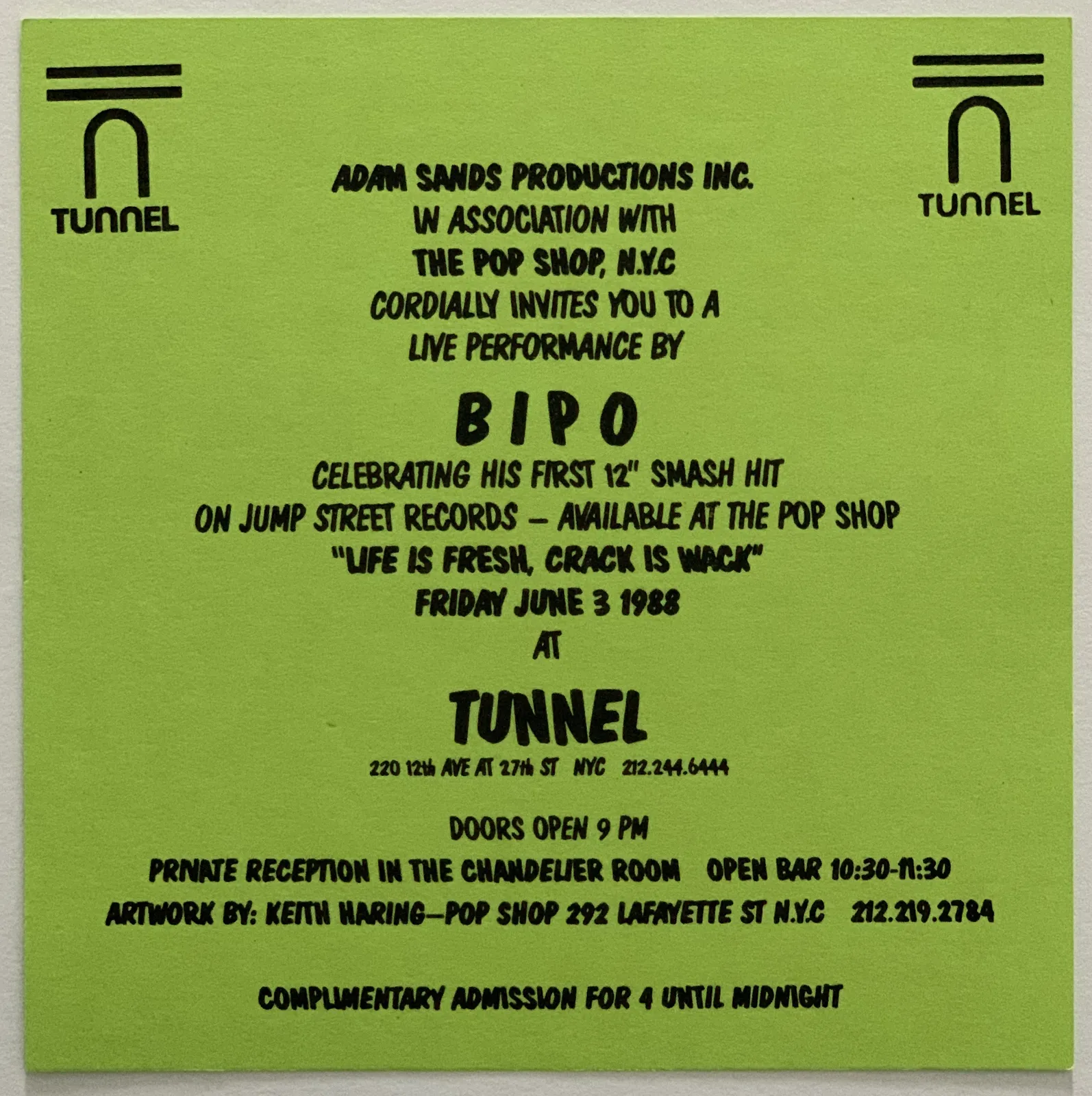 Keith Haring, 'Life is Fresh! Crack is Wack!!' (Pop Shop/Tunnel invitation), 1988