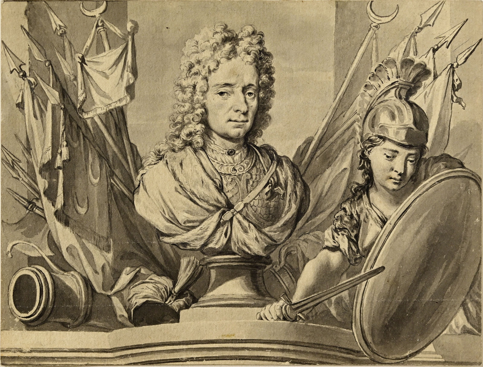 Nicolas Verkolje (Delft 1673 - 1746 Amsterdam), A Portrait Bust surrounded by military Trophies