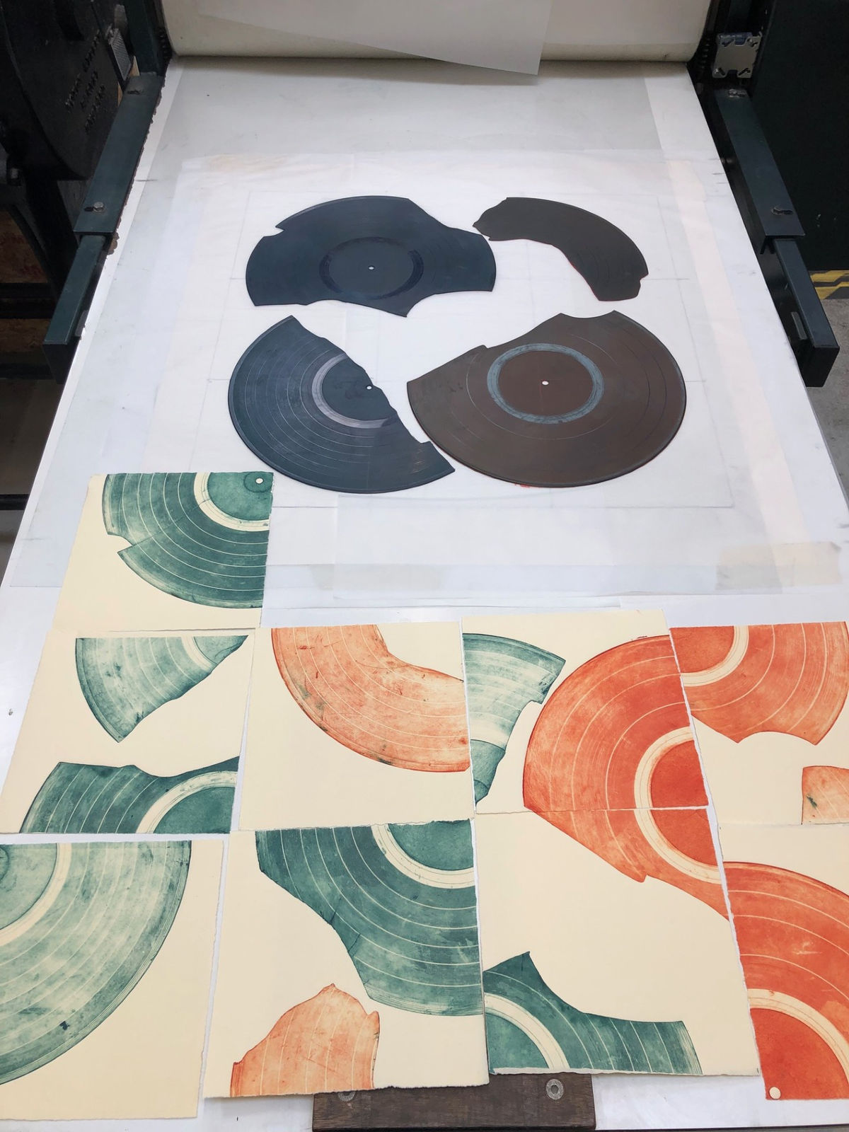 Fiona printmaking practice using pieces of vinyl