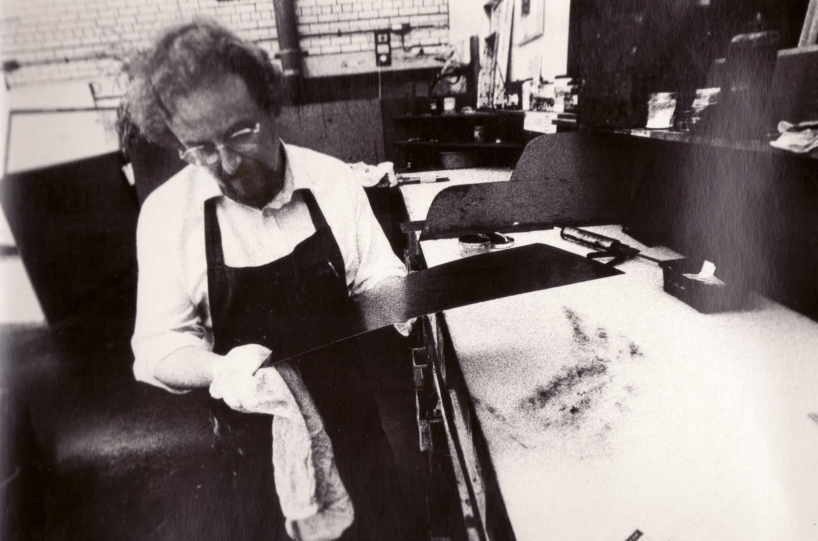 Alfons Bytautas printing from one of Bellany's etching plates, Edinburgh Printmakers, Union Street.