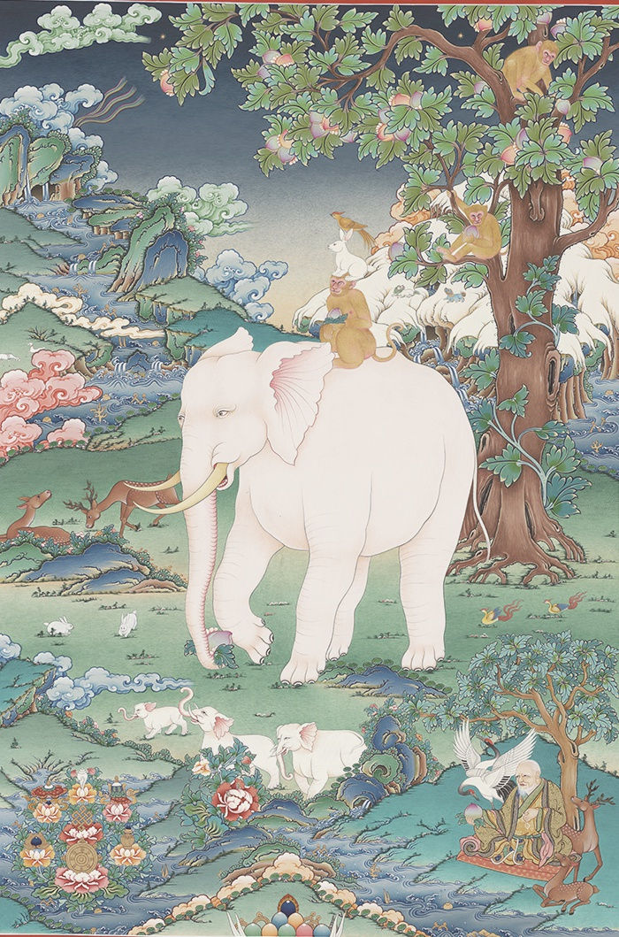 Niangben , Four mythical animals living in harmony (Tangka in colors)