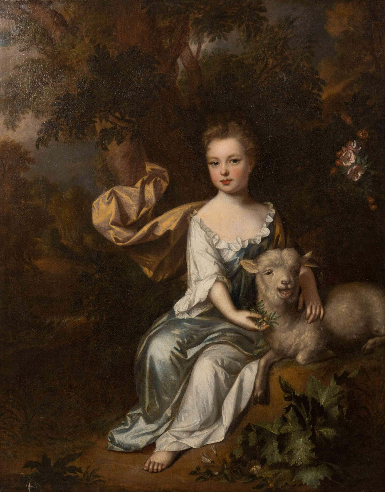 Attributed to John Closterman (1660-1711), Portrait of a young girl in a landscape, with a lamb, c.1690