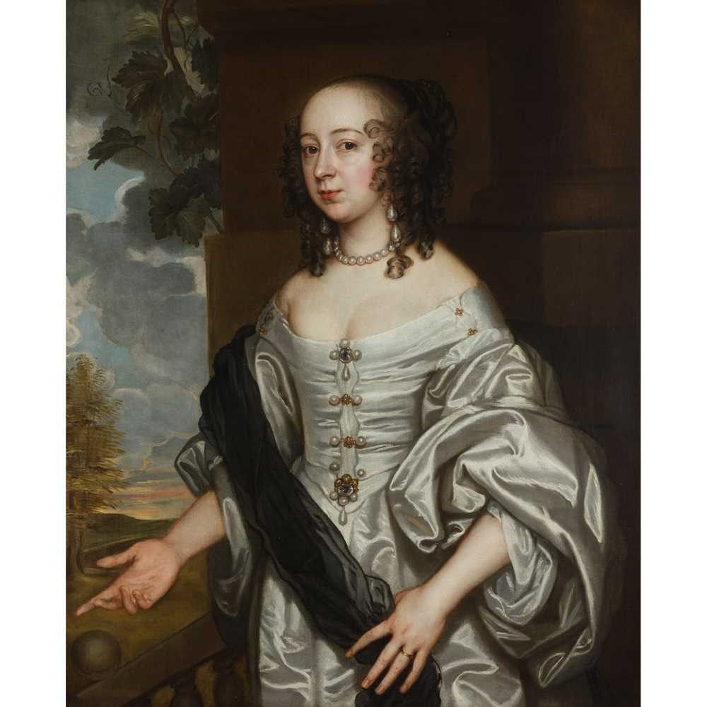 John Greenhill (c.1644-1676), 17th century portrait of a lady in an ivory silk gown, standing on a garden terrace, c.1670