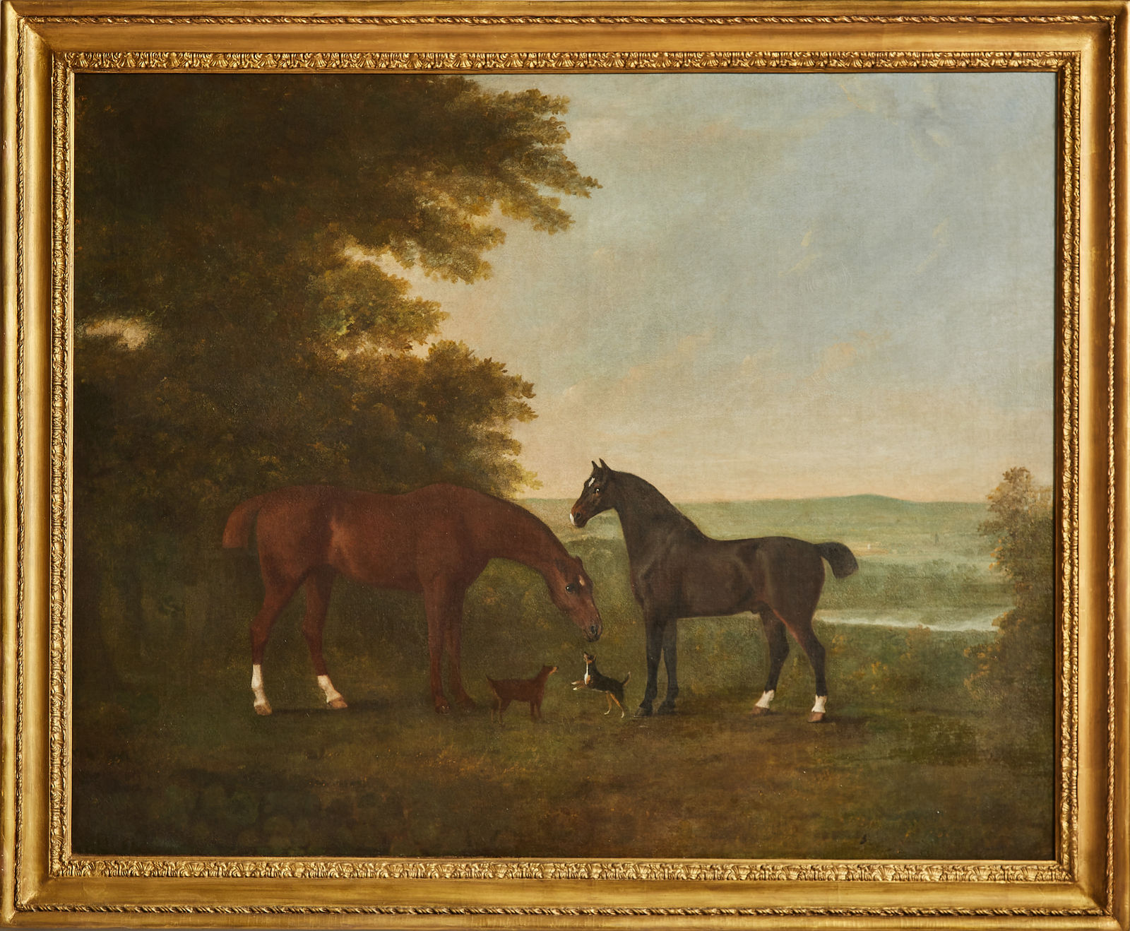 John Boultbee (1753–1812), Chestnut horse and bay stallion with two dogs in an extensive landscape, c. 1780