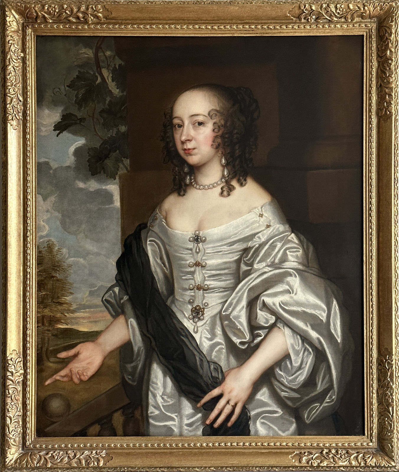 John Greenhill (c.1644-1676), 17th century portrait of a lady in an ivory silk gown, standing on a garden terrace, c.1670