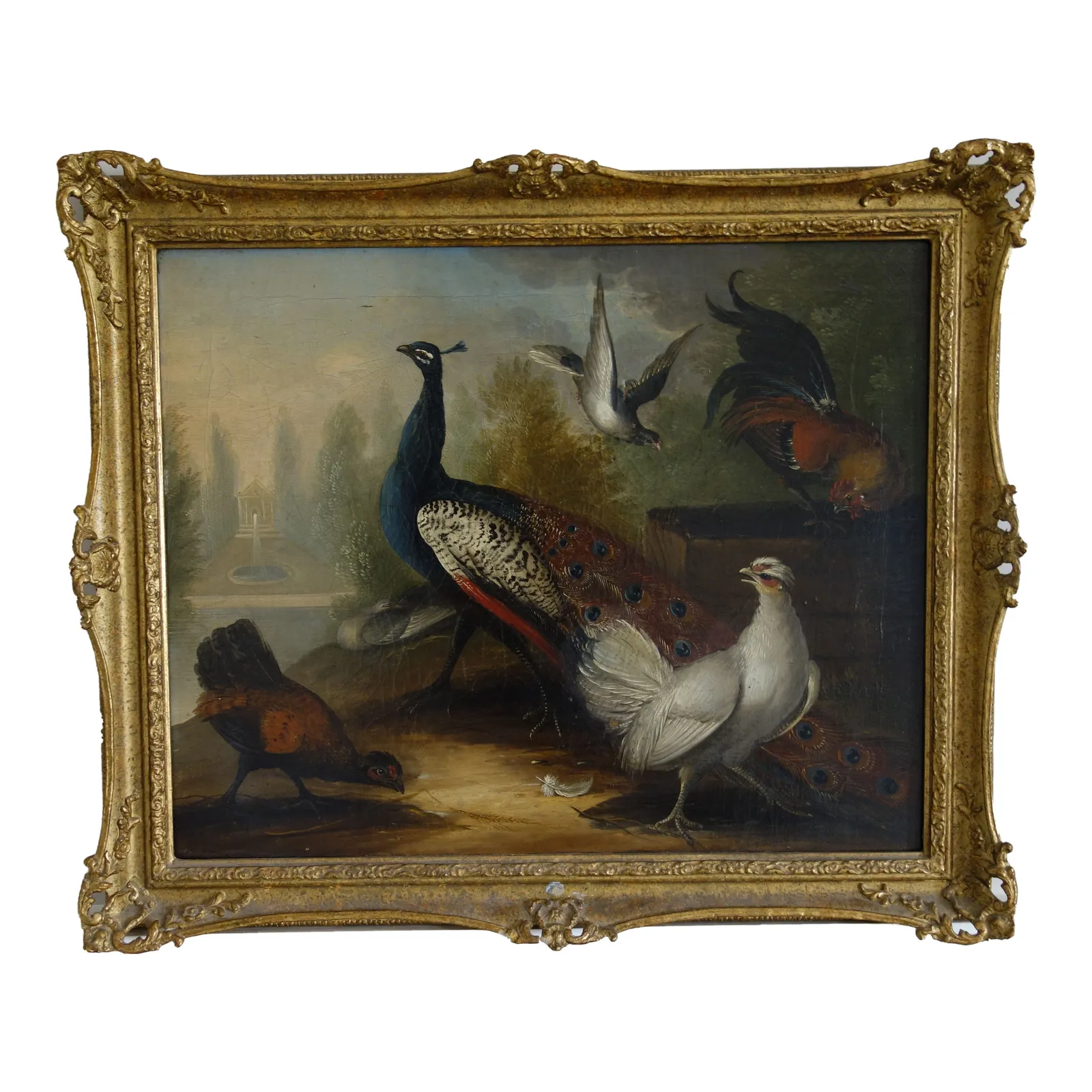 Marmaduke Cradock (1660-1716), Pair of 17th century oil paintings of peacocks and other birds in a landscape, c.1690