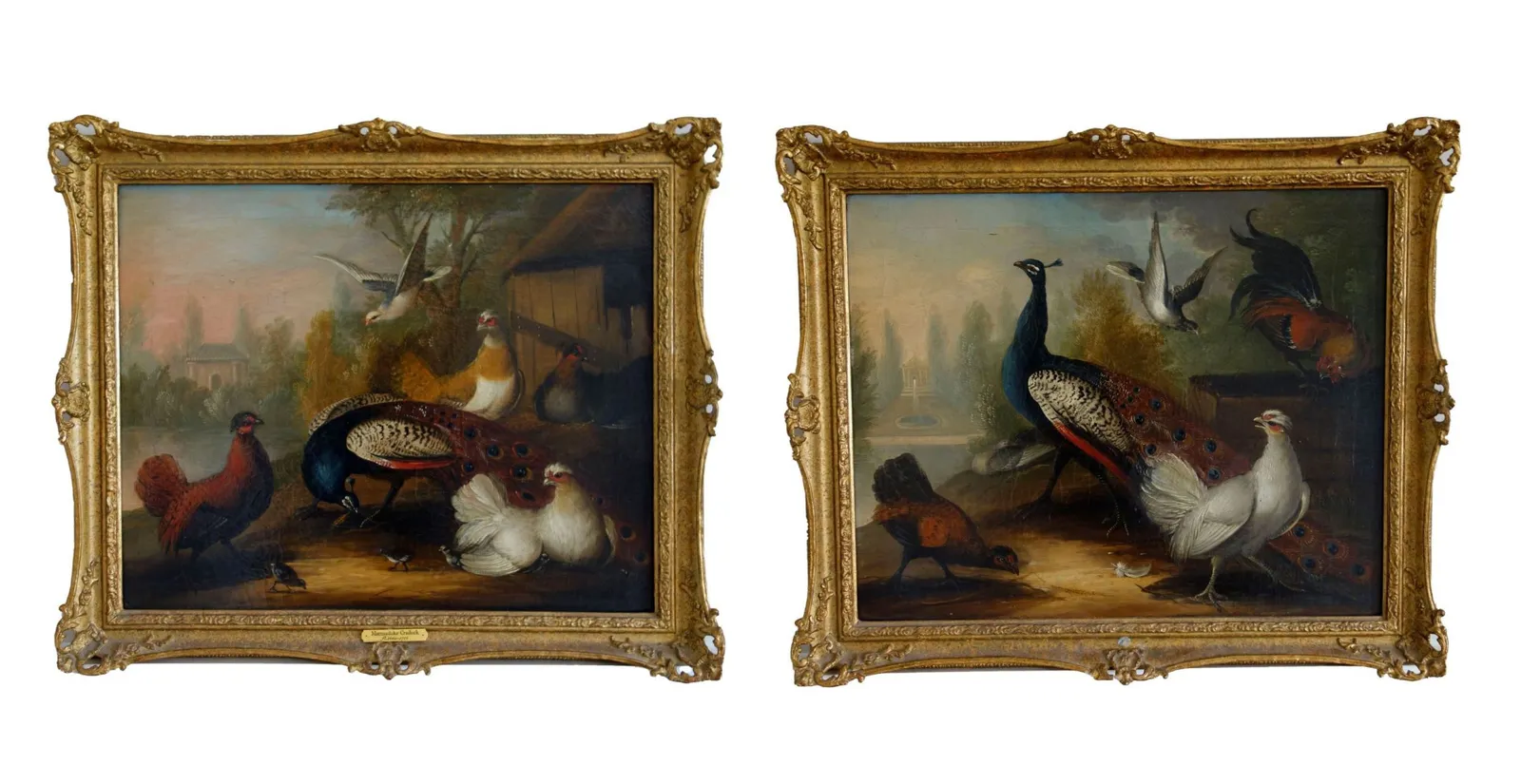 Marmaduke Cradock (1660-1716), Pair of 17th century oil paintings of peacocks and other birds in a landscape, c.1690