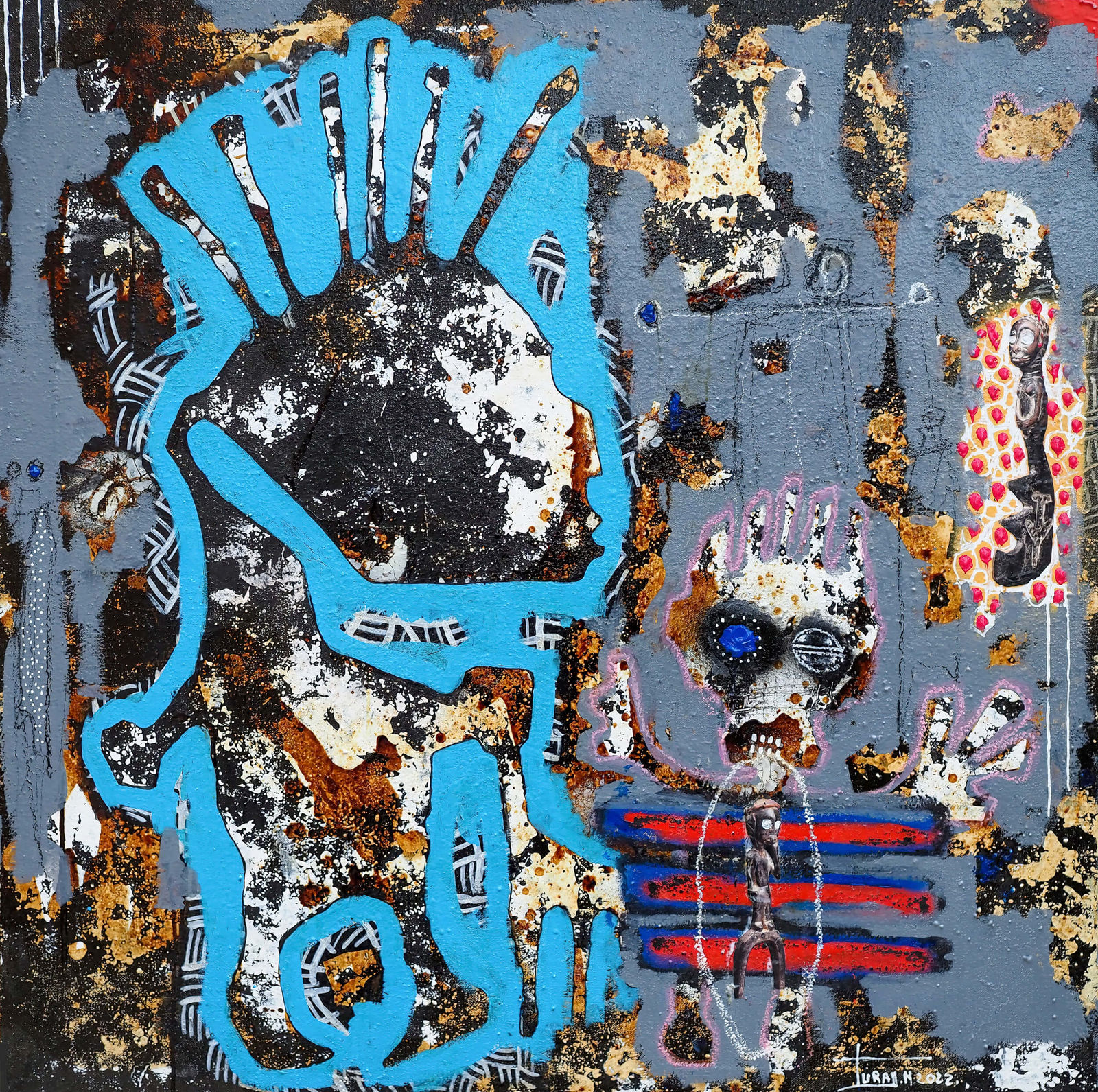 Mederic Turay - Dance of the blue moon 1 - 2022 - 100X100cm - Acrylic, oil, collage, coffee & colour pigments on canvas