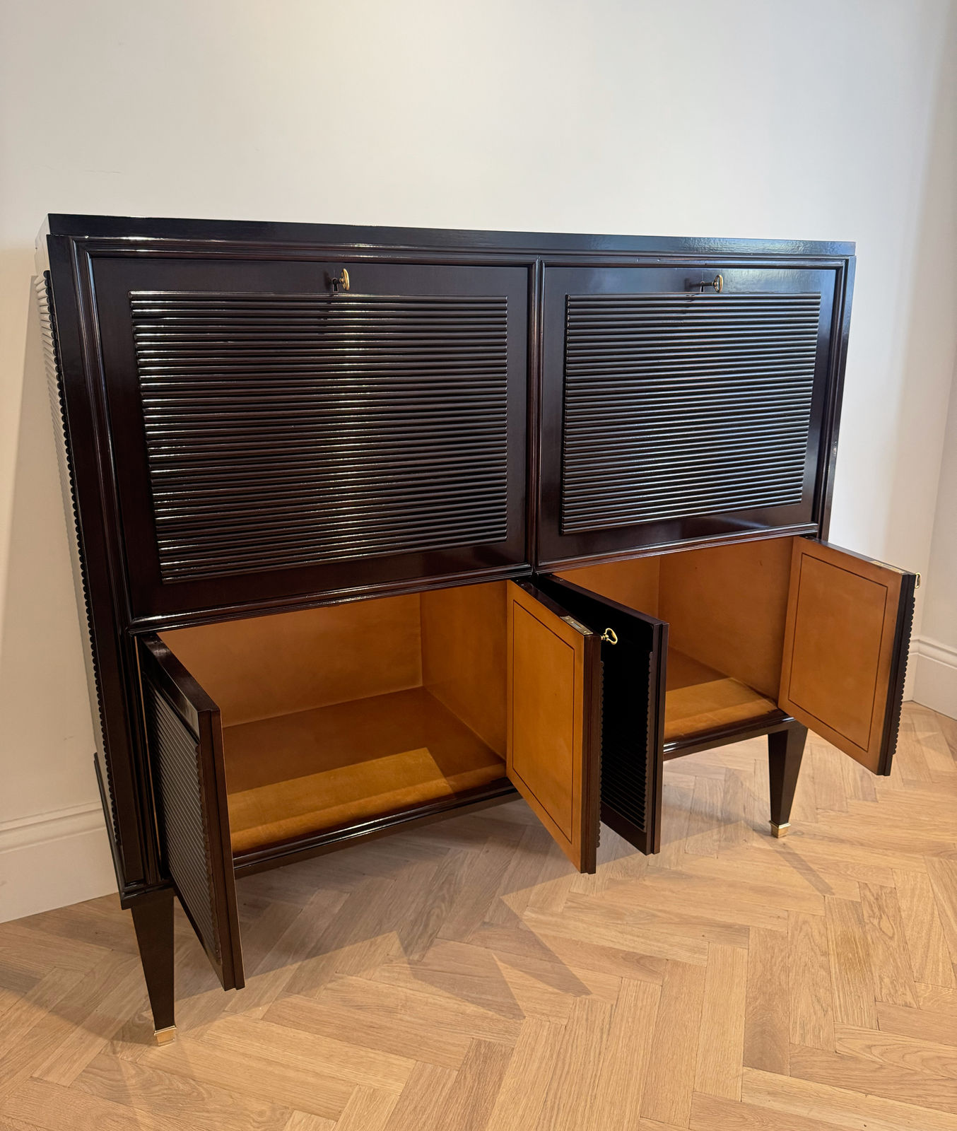Italian, A Large Reeded Cabinet with Fold Out Desk, Mid century