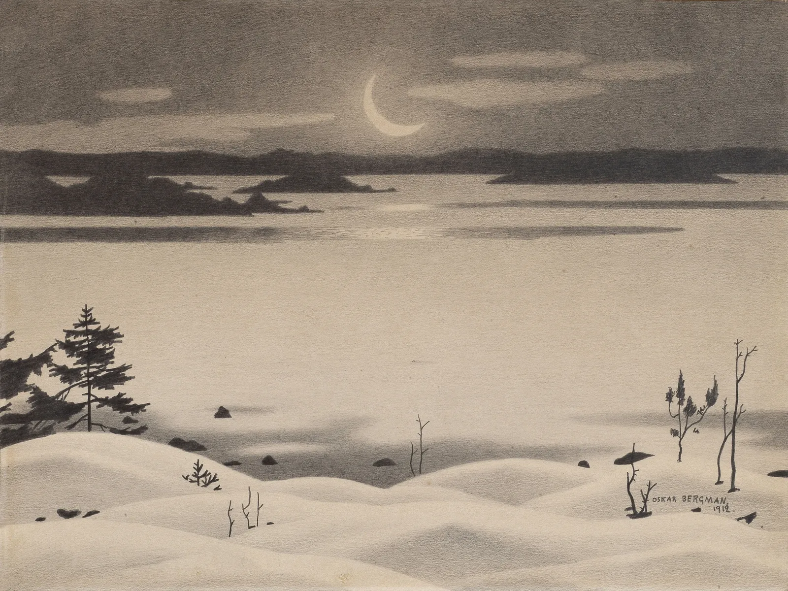 Oskar BERGMAN, Snowy Landscape in Moonlight, 1912