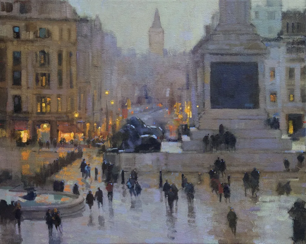 After rain, Trafalgar Square, London