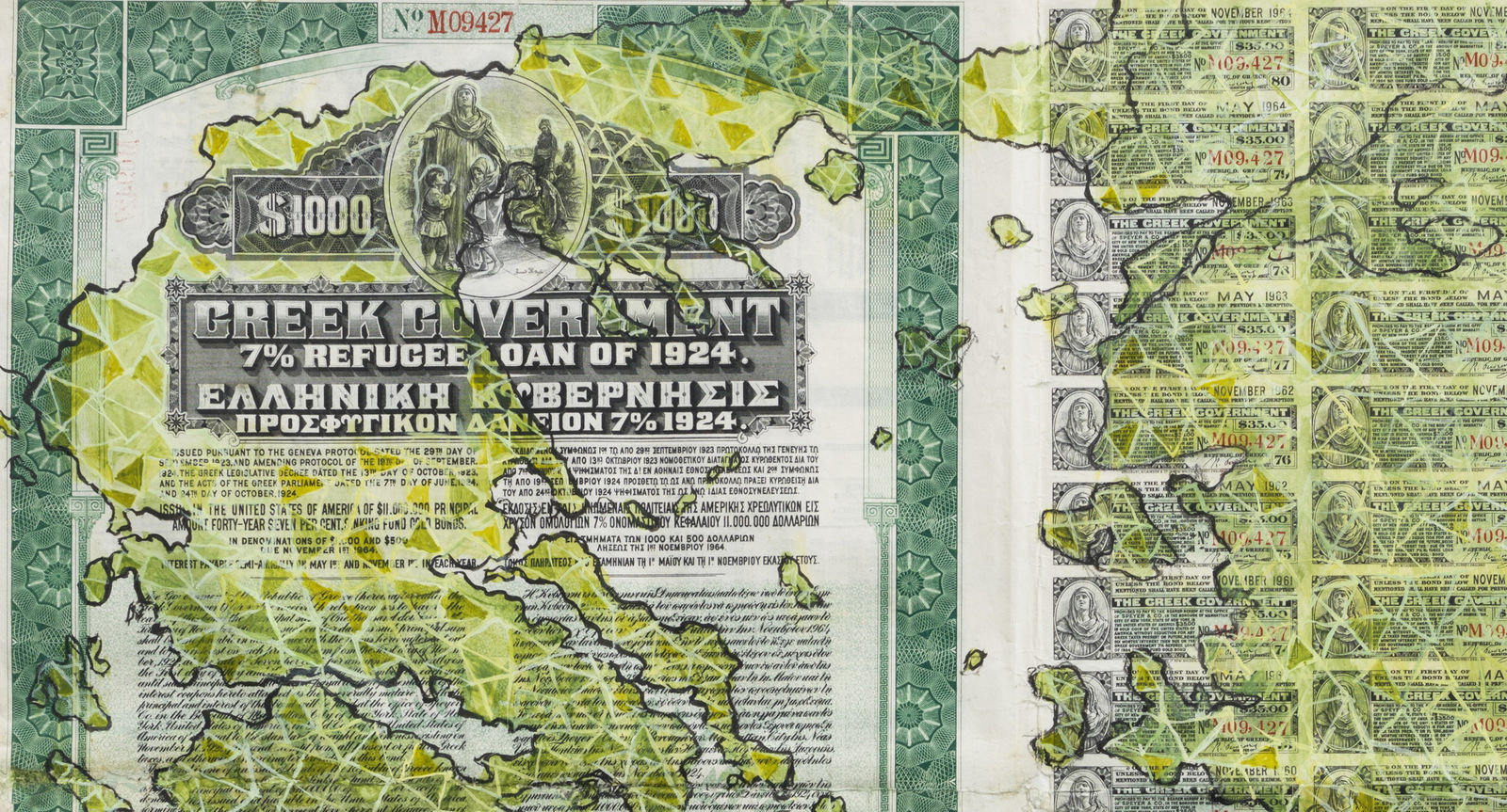 detail of Hew Locke, Greek Government Refugee Loan 1924 1, 2016