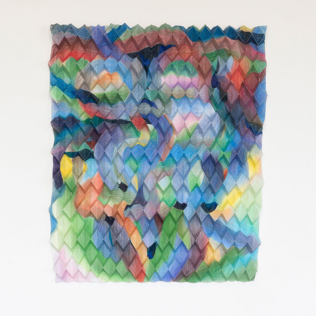 Caleb Nussear, Bird of Paradise II, 2022, Colored pencil and oil pastel on folded Masa paper, 40 x 32 inches unframed