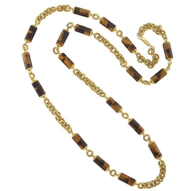 Staal, 18K Italian Gold Chain Necklace Interspersed with Tiger's Eye Bead, c. 1970
