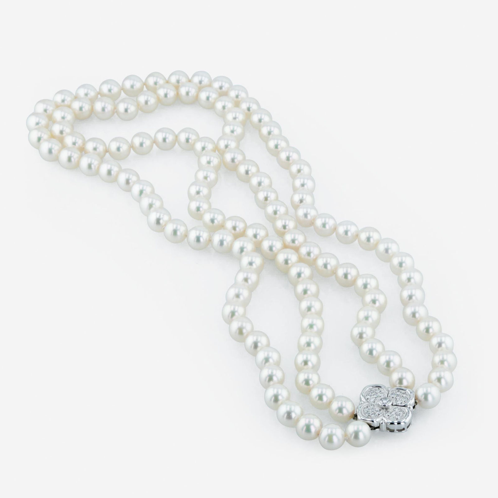 Mikimoto, Mikimoto Two-Strand Cultured Akoya Pearl Necklace with 18K White Gold and Diamond Quatrefoil Clasp