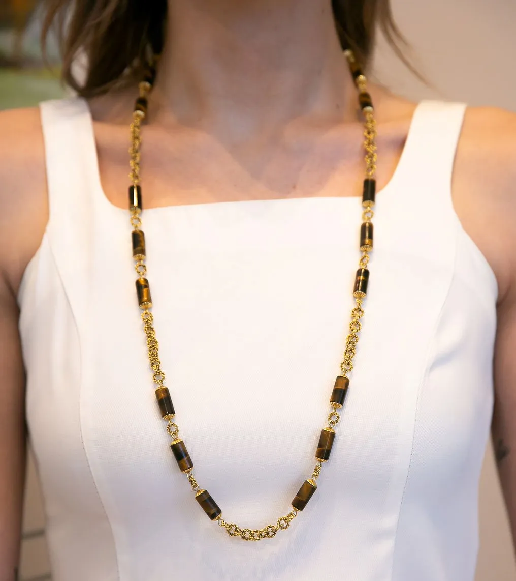 Staal, 18K Italian Gold Chain Necklace Interspersed with Tiger's Eye Bead, c. 1970