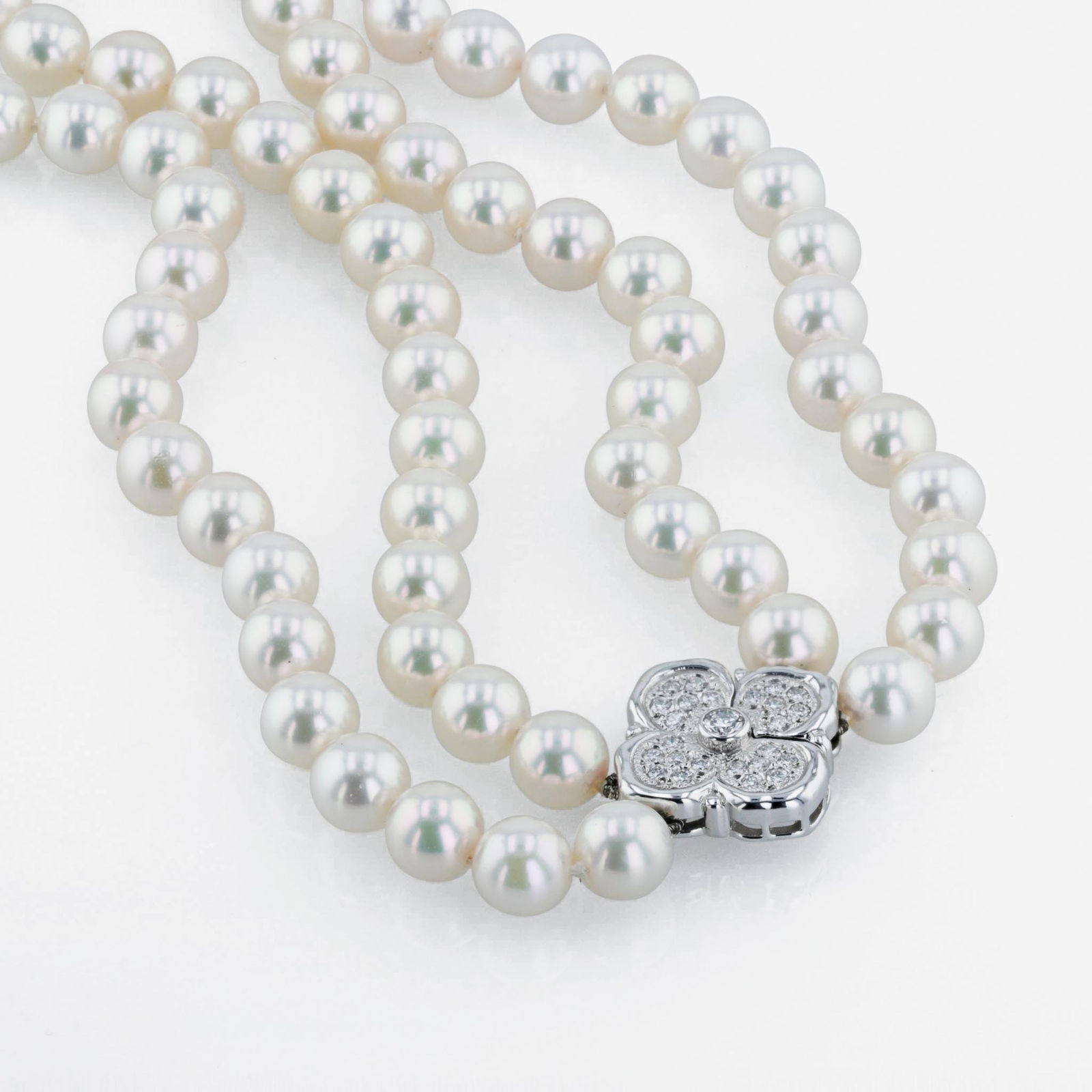 Mikimoto, Mikimoto Two-Strand Cultured Akoya Pearl Necklace with 18K White Gold and Diamond Quatrefoil Clasp