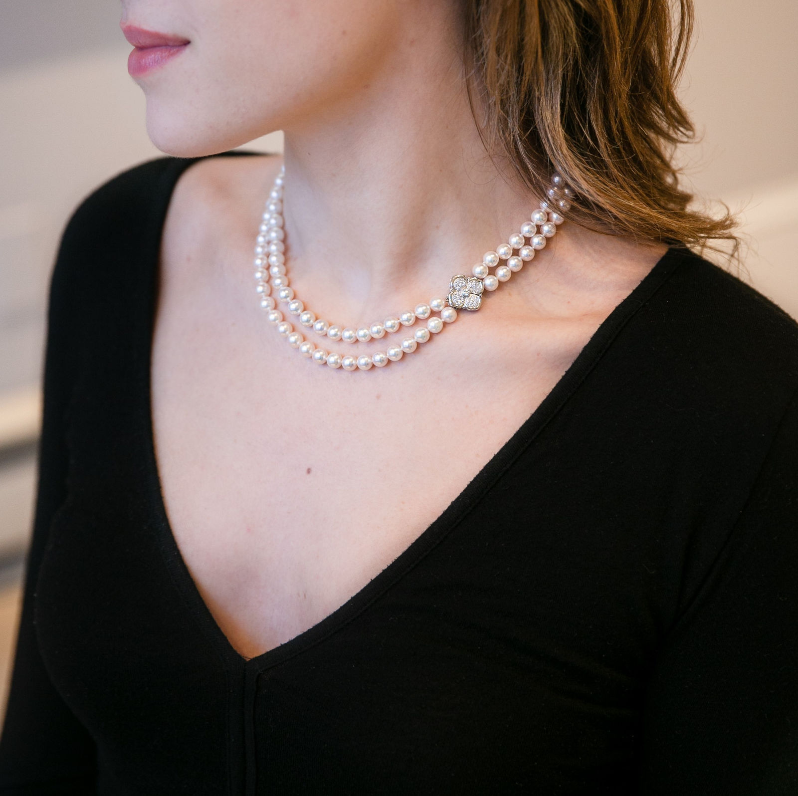 Mikimoto, Mikimoto Two-Strand Cultured Akoya Pearl Necklace with 18K White Gold and Diamond Quatrefoil Clasp