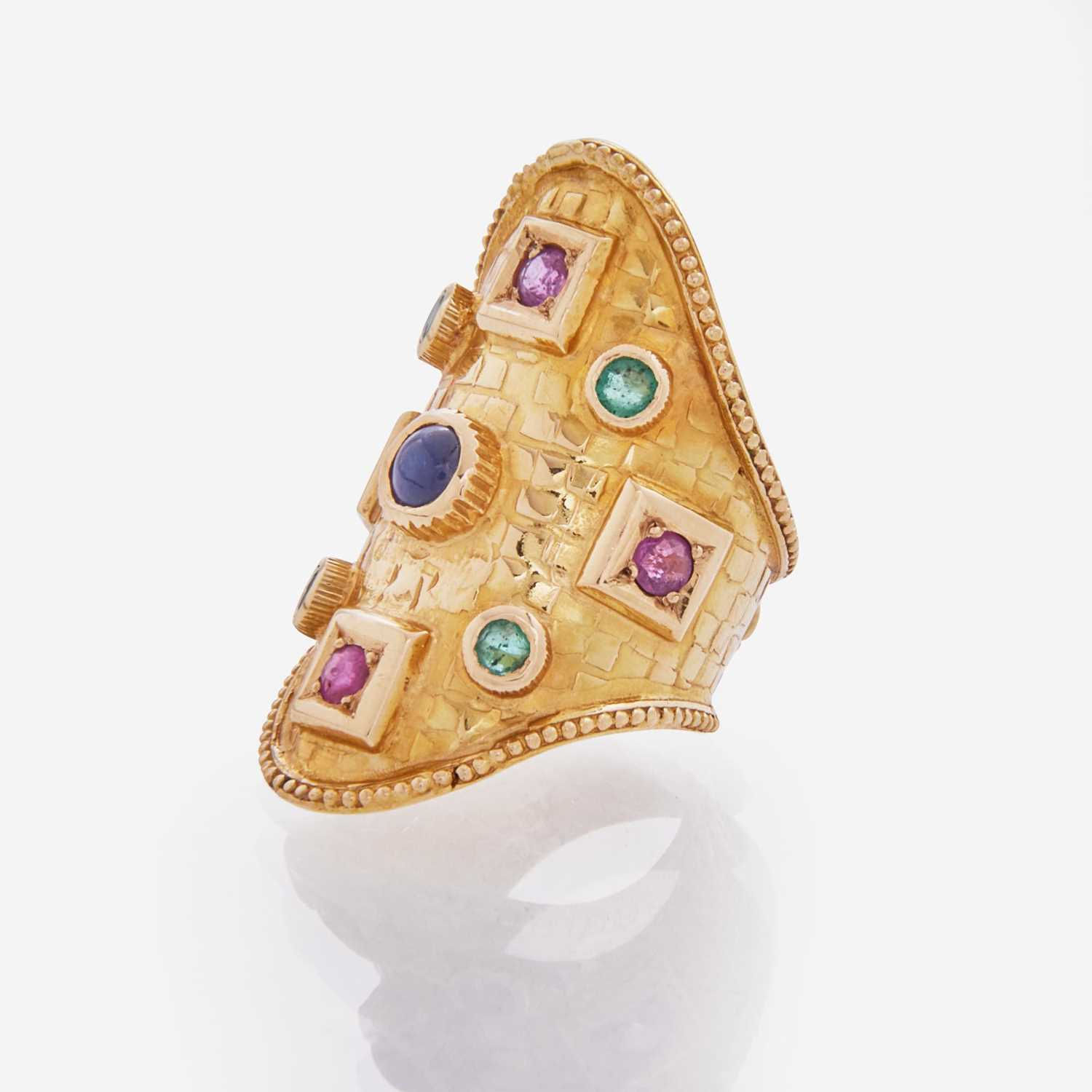 Ilias Lalaounis, 18K Yellow Gold Ring with Sapphire, Four Emeralds and Two Rubies, c. 1970