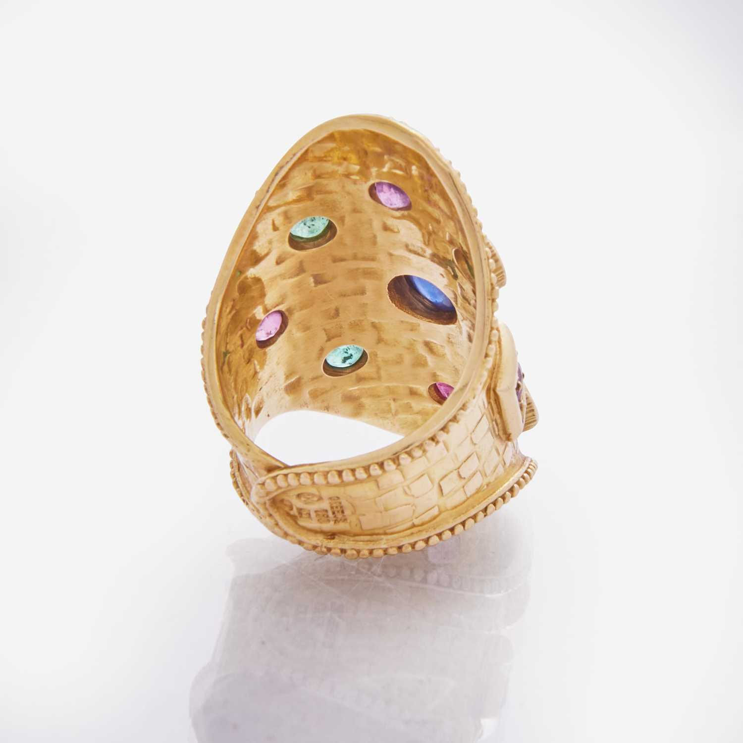 Ilias Lalaounis, 18K Yellow Gold Ring with Sapphire, Four Emeralds and Two Rubies, c. 1970