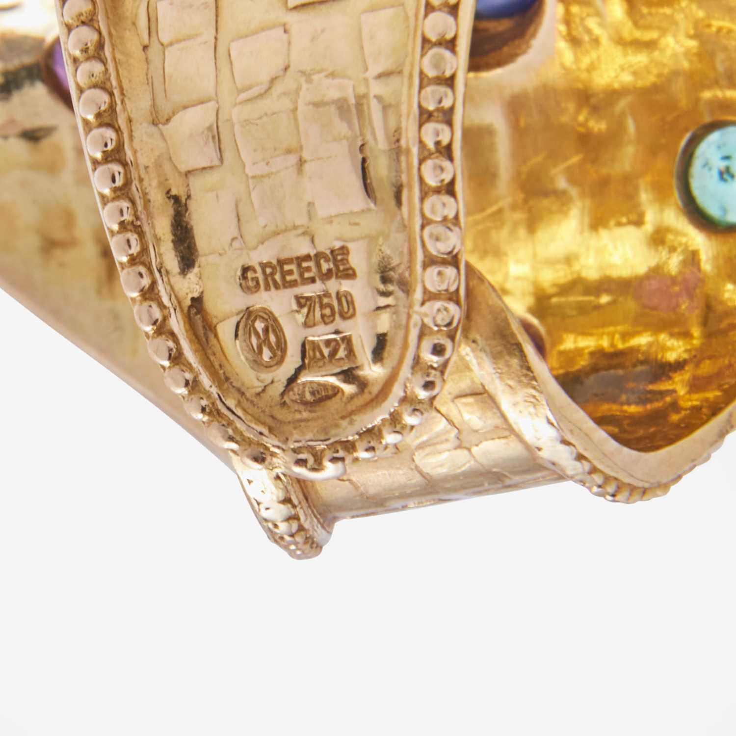 Ilias Lalaounis, 18K Yellow Gold Ring with Sapphire, Four Emeralds and Two Rubies, c. 1970