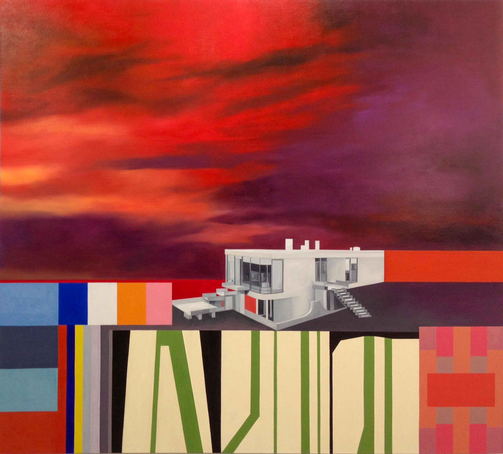 Julie Langsam, Prouvé Landscape, Red (L’Isle Adam Val d’Oise) 2013 Oil on canvas , 2013