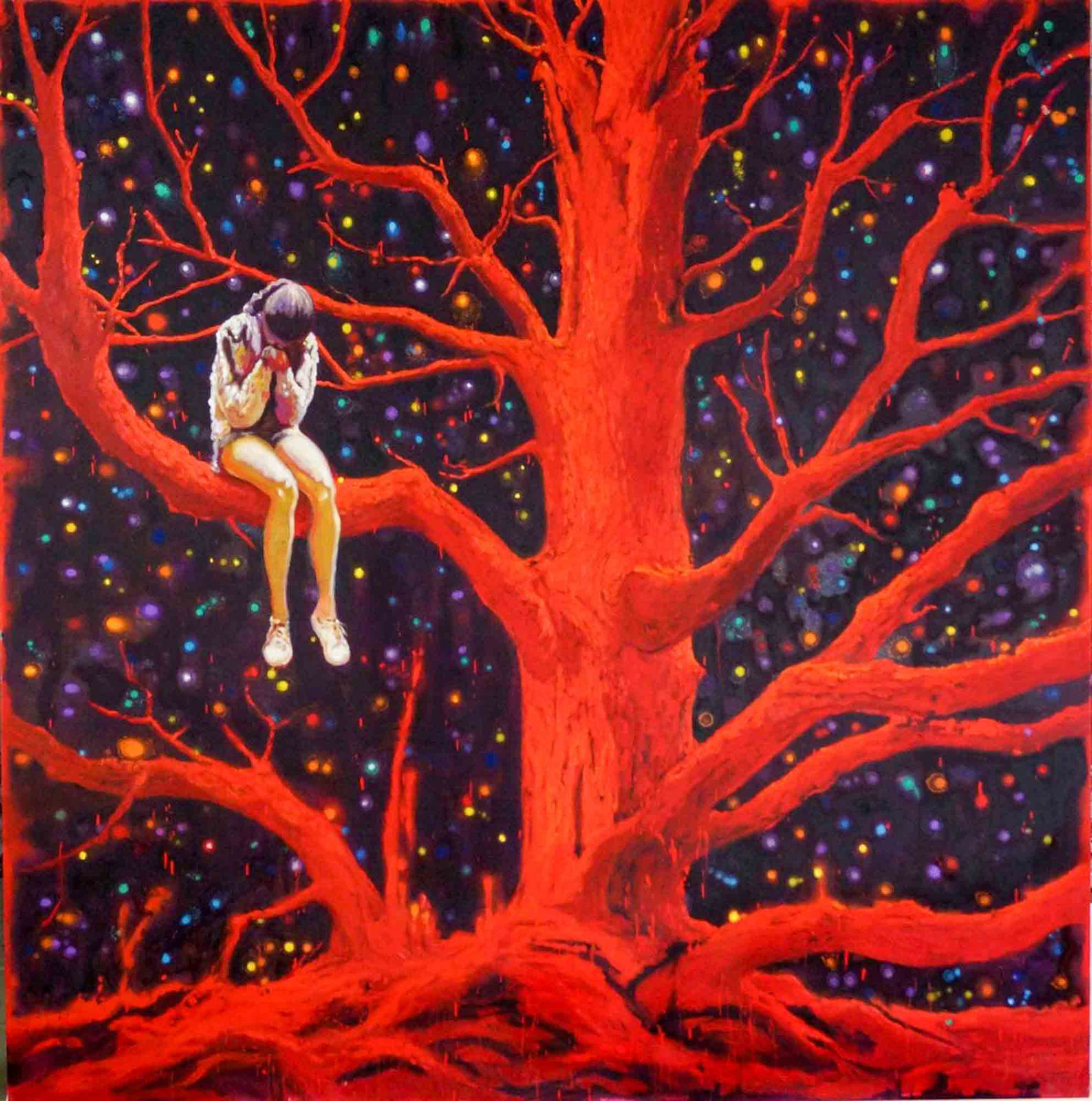 Main Image Alt Tag: Crying Girl, 2014 by Armando Marino – Oil on canvas, 213.3 x 213.3 cm – Contemporary artwork featuring bold colors and dynamic composition, displayed at 532 Gallery.