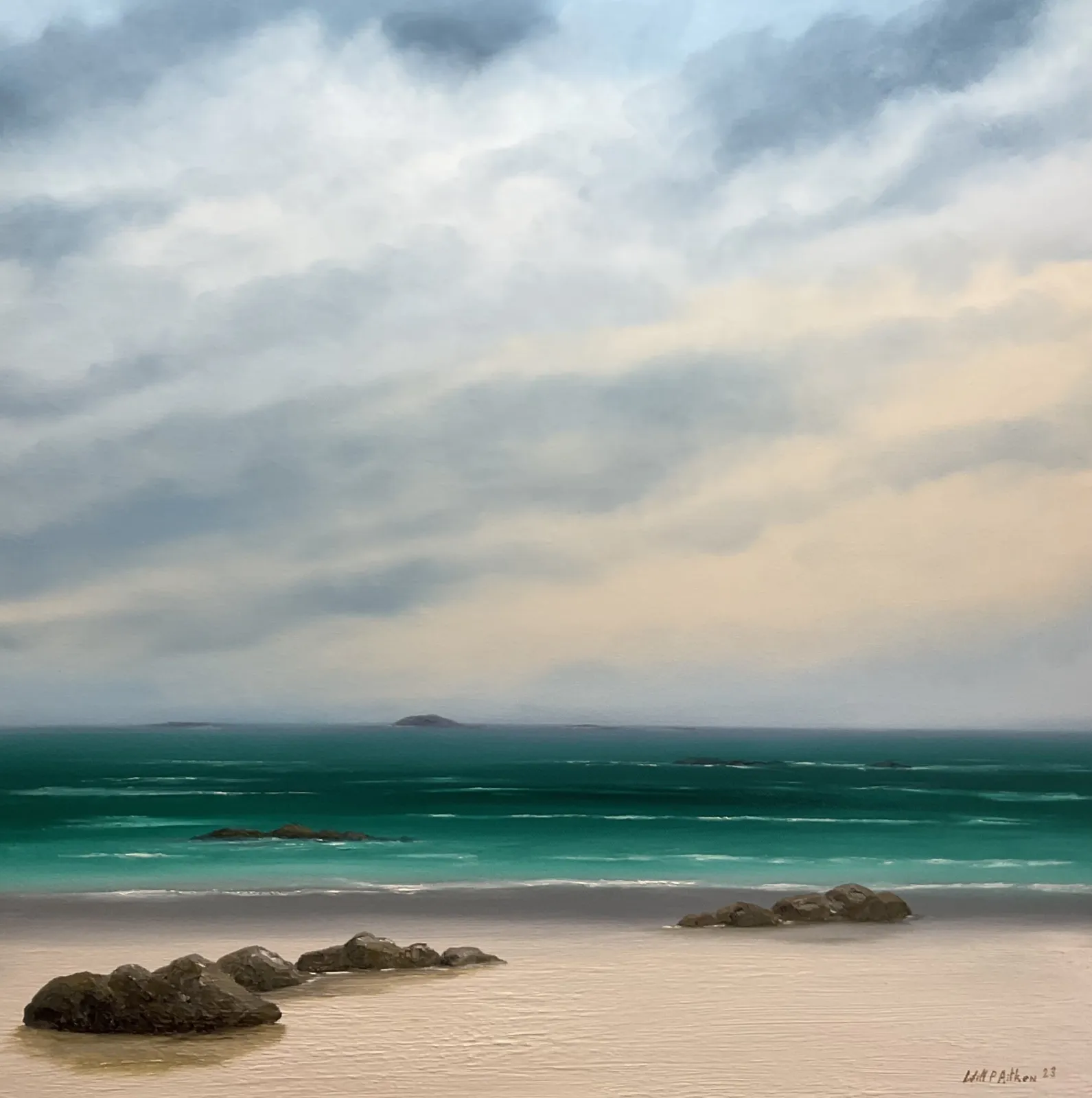 buy local art Will P Aitken at Alchemist Gallery Dingwall Prince's Bay Eriskay oil on canvas painting beach landscape sky clouds