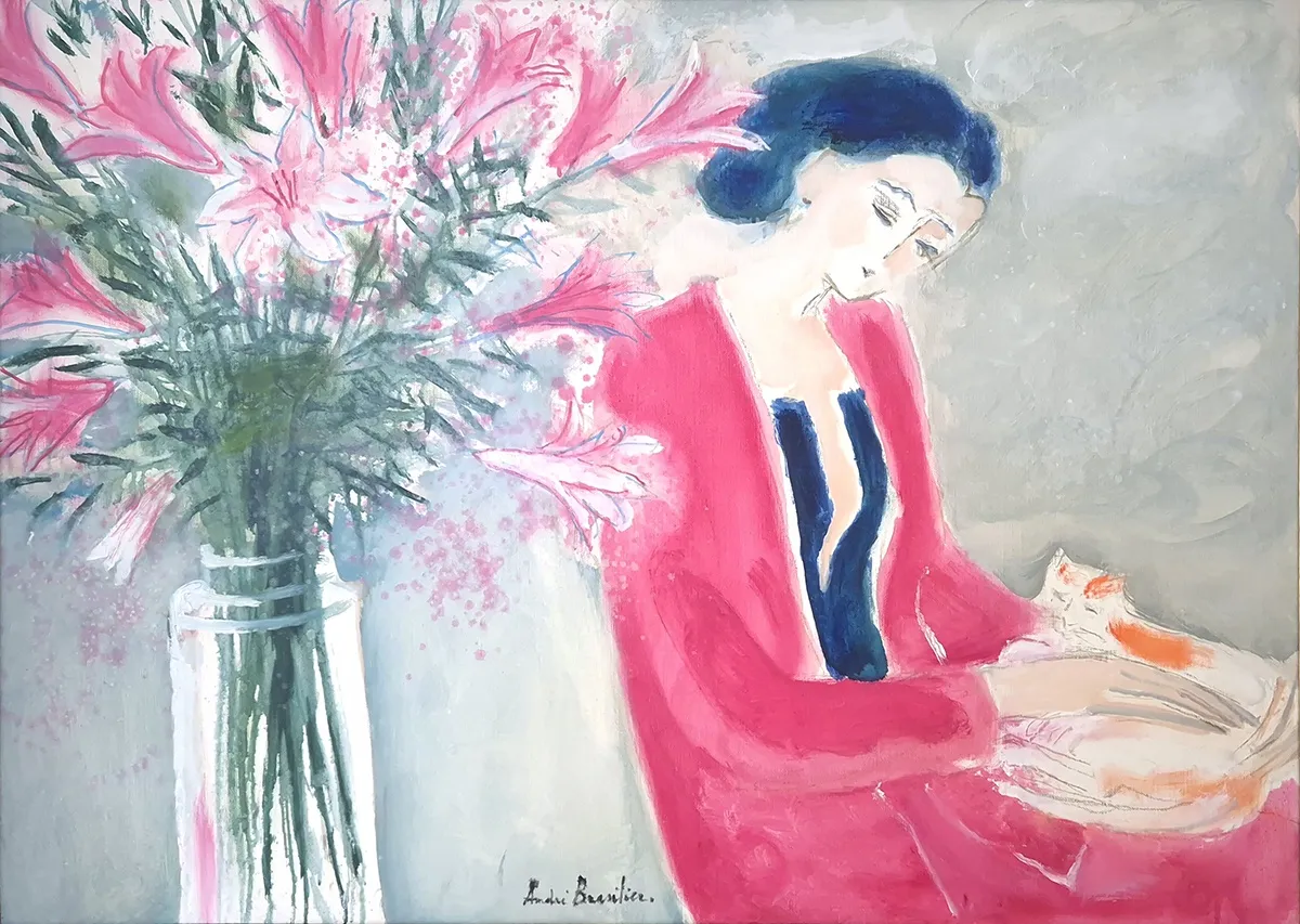André Brasilier, Femme à la lecture, au chat et au vase de fleurs