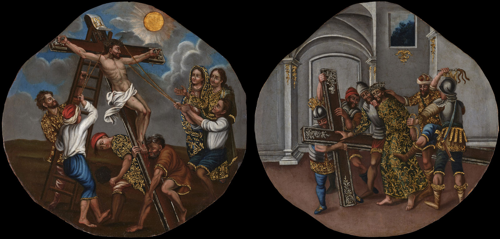 JESUS NAILED TO THE CROSS & SIMON OF CYRENE HELPING JESUS, Unidentified artist, Guatemala, 18th Century