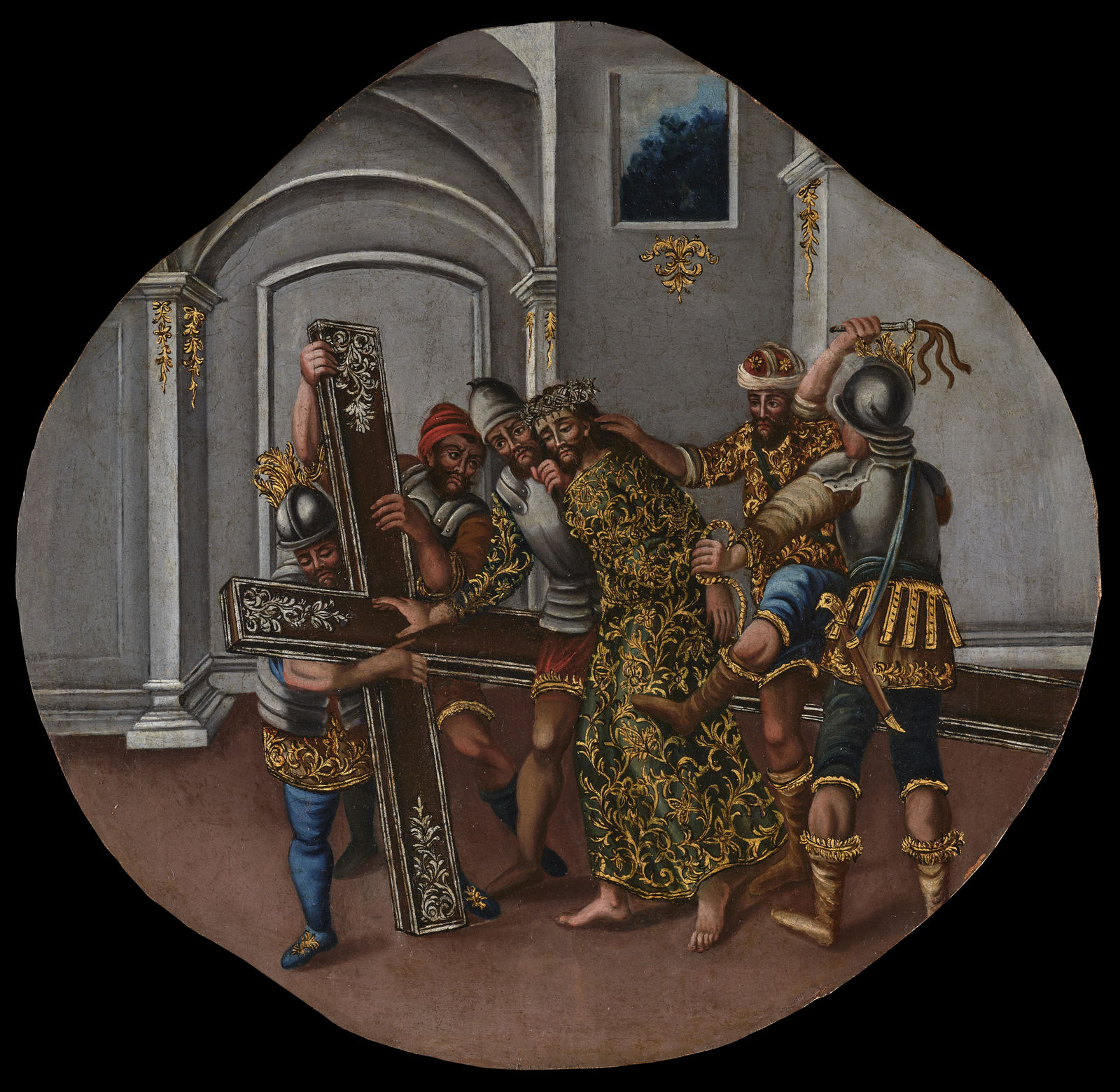 JESUS NAILED TO THE CROSS & SIMON OF CYRENE HELPING JESUS, Unidentified artist, Guatemala, 18th Century